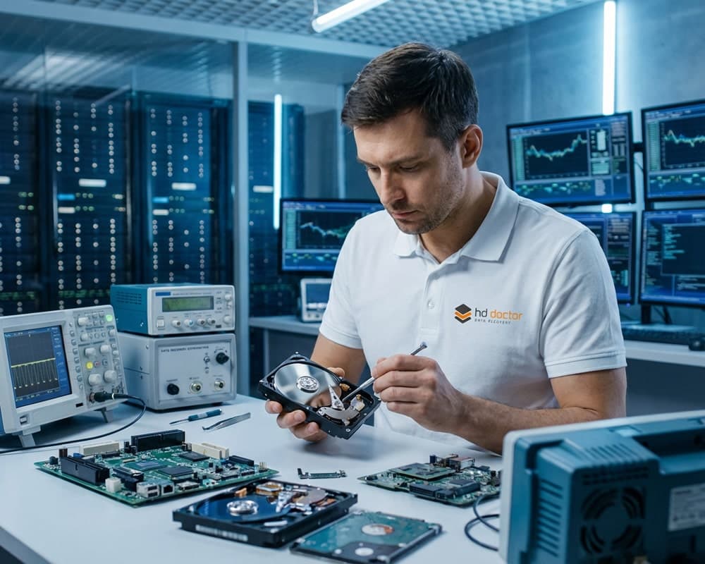 Técnico trabalhando em laboratório de recuperação de dados